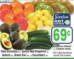 Jewel-Osco Hass Avocados ea., Sunkist Red Grapefruit ea., Lemons ea., Green Kiwi ea., Cucumbers ea offer