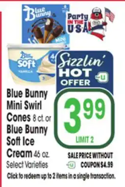 Jewel-Osco Blue Bunny Mini Swirl Cones 8 ct or Blue Bunny Soft Ice Cream 46 oz offer
