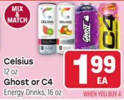 Tony’s Fresh Market Celsius 12 oz Ghost or C4 Energy Drinks, 16 oz offer