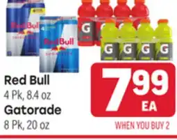 Tony’s Fresh Market Red Bull 4 Pk, 8.4 oz Gatorade 8 Pk, 20 oz offer