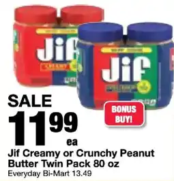 Bi-Mart Jif creamy or crunchy peanut butter twin pack offer