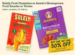Sprouts Farmers Market Solely Fruit Gummies or Annie's Homegrown Fruit Snacks or Twists offer