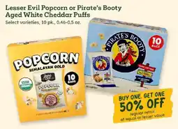 Sprouts Farmers Market Lesser Evil Popcorn or Pirate's Booty Aged White Cheddar Puffs offer