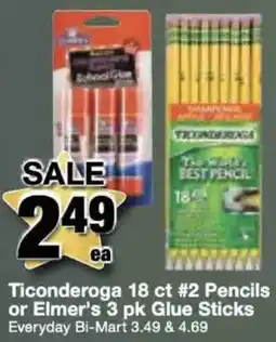 Bi-Mart Ticonderoga 18 ct #2 Pencils or Elmer's 3 pk Glue Sticks offer