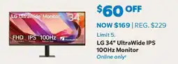 Sam's Club LG 34" UltraWide IPS 100Hz Monitor offer