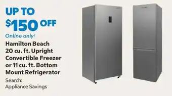 Hamilton Beach 20 cu. ft. Upright Convertible Freezer or 11 cu. ft. Bottom Mount Refrigerator