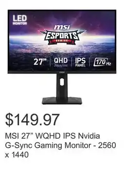 Costco MSI 27 WQHD IPS Nvidia G-Sync Gaming Monitor - 2560 x 1440 offer