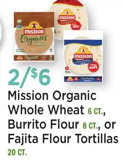 Heinen's Mission Organic Whole Wheat 6 CT., Burrito Flour 8 CT., or Fajita Flour Tortillas offer