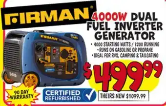 Ollie's FIRMAN 4000W DUAL FUEL INVERTER GENERATOR offer