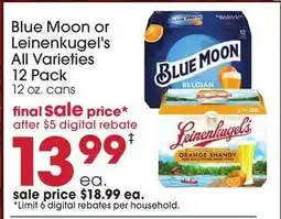 Giant Eagle Blue Moon or Leinenkugel's All Varieties 12 Pack offer
