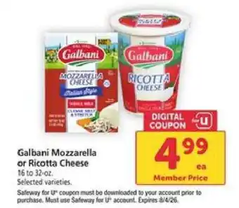 Safeway Galbani Mozzarella or Ricotta Cheese offer