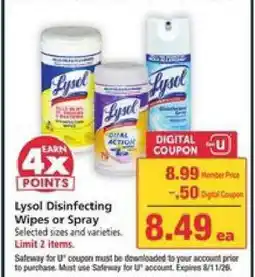 Safeway Lysol Disinfecting Wipes or Spray offer