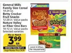 Albertsons General Mills Family Size Cereal, Betty Crocker Fruit Snacks, Nature Valley or Fiber One Bars offer