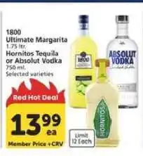 Albertsons 1800 Ultimate Margarita, Hornitos Tequila, or Absolut Vodka offer