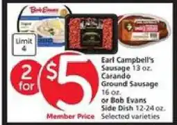 Albertsons Earl Campbell's Sausage, Carando Ground Sausage, or Bob Evans Side Dish offer