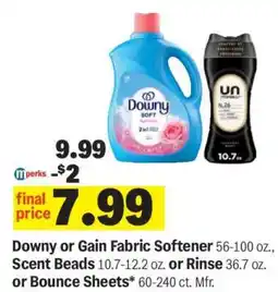 Meijer Downy or Gain Fabric Softener, Scent Beads, Rinse or Bounce Sheets offer