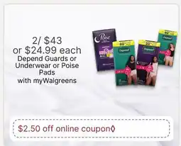 Walgreens Depend Guards or Underwear or Poise Pads offer