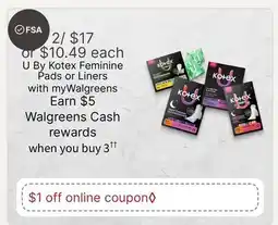 Walgreens U By Kotex Feminine Pads or Liners offer