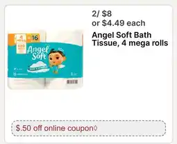 Walgreens Angel Soft Bath Tissue, 4 mega rolls offer