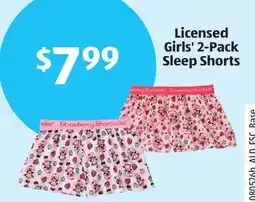Aldi Licensed Girls' 2-Pack Sleep Shorts offer