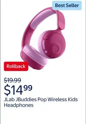 Walmart JLab JBuddies Pop Wireless Kids Headphones, 2 in 1 Wireless + Wired, Volume Safe, Pink offer