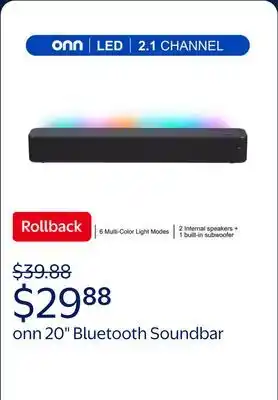 Walmart onn 20 Inch Bluetooth 2.1 Channel Soundbar with Multi-Color LED Lighting, Black offer
