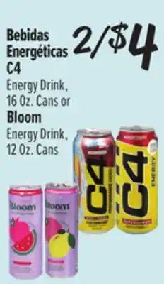 El Super C4 Energy Drink, 16 Oz. Cans or Bloom Energy Drink, 12 Oz. Cans offer