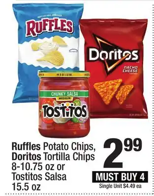 Super King Markets Ruffles Potato Chips, Doritos Tortilla Chips 8-10.75 oz or Tostitos Salsa 15.5 oz offer