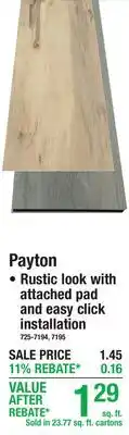Menards Payton Rustic look with attached pad and easy click installation offer