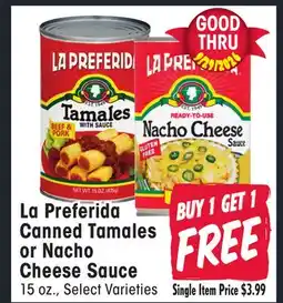 Jewel-Osco La Preferida Canned Tamales or Nacho Cheese Sauce offer