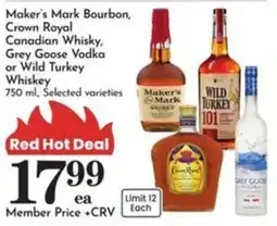 Pavilions Maker's Mark Bourbon, Crown Royal Canadian Whisky, Grey Goose Vodka or Wild Turkey Whiskey offer
