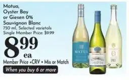 Pavilions Matua, Oyster Bay or Giesen 0% Sauvignon Blanc offer