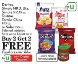 Pavilions Doritos, Simply NKD, Utz, Simply, Tostitos Tortilla Chips or Salsa offer