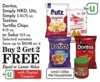 Doritos, Simply NKD, Utz, Simply, Tostitos Tortilla Chips or Salsa