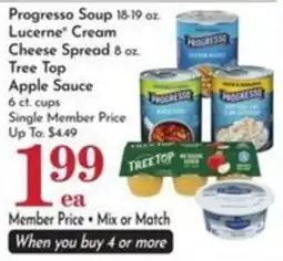 Pavilions Progresso Soup, Lucerne Cream Cheese Spread, Tree Top Apple Sauce offer