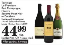 Pavilions Taittinger La Franciase Brut Champagne, Flowers Sonoma Pinot Noir or Duckhorn Cabernet Sauvignon offer