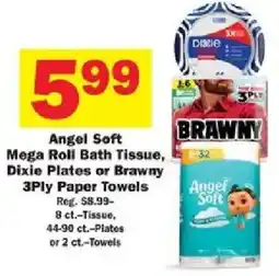 Schnucks Angel Soft Mega Roll Bath Tissue, Dixie Plates or Brawny 3Ply Paper Towels offer