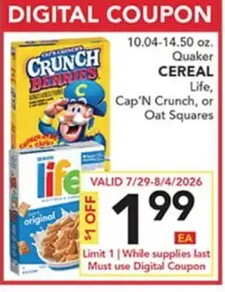Pete's Fresh Market 10.04-14.50 oz. Quaker CEREAL Life, Cap'N Crunch, or Oat Squares offer