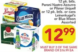 Pete's Fresh Market Peroni Nastro Azzurro or Pilsner Urquell or 12 pk. btls. or cans Leinenkugel's or Blue Moon Assorted offer