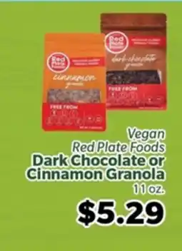 Living Fresh Market Vegan Red Plate Foods Dark Chocolate or Cinnamon Granola offer