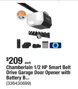 The Home Depot Chamberlain 1/2 HP Smart Belt Drive Garage Door Opener with Battery Backup offer