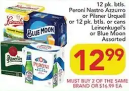 Pete's Fresh Market Peroni Nastro Azzurro or Pilsner Urquell or Leinenkugel's or Blue Moon Assorted offer