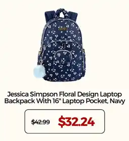Office Depot Jessica Simpson floral design laptop backpack with 16" laptop pocket, navy offer