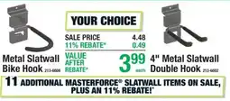 Menards Masterforce metal slatwall bike hook or 4 inch metal slatwall double hook offer