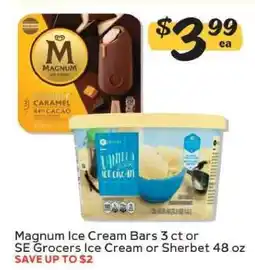 Winn Dixie Magnum Ice Cream Bars 3 ct or SE Grocers Ice Cream or Sherbet 48 oz offer