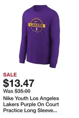 Dick's Sporting Goods Nike Youth Los Angeles Lakers Purple On Court Practice Long Sleeve T-Shirt offer