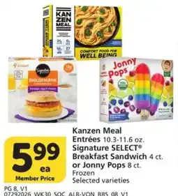 Vons Kanzen Meal Entrées or Signature Select Breakfast Sandwich or Jonny Pops offer
