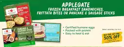 Sprouts Farmers Market Applegate frozen breakfast sandwiches, frittata bites or pancake & sausage sticks offer