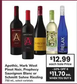 ACME Apothic, Mark West Pinot Noir, Prophecy Sauvignon Blanc or Schmitt Sohne Riesling offer