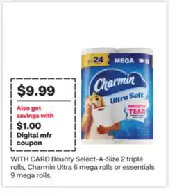 CVS Bounty Select-A-Size 2 triple rolls, Charmin Ultra 6 mega rolls or essentials 9 mega rolls offer